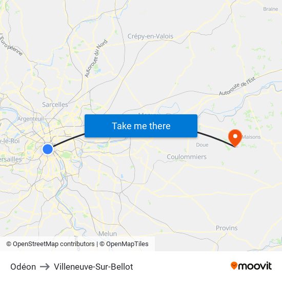 Odéon to Villeneuve-Sur-Bellot map