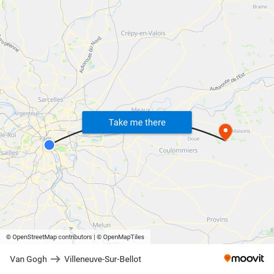 Van Gogh to Villeneuve-Sur-Bellot map
