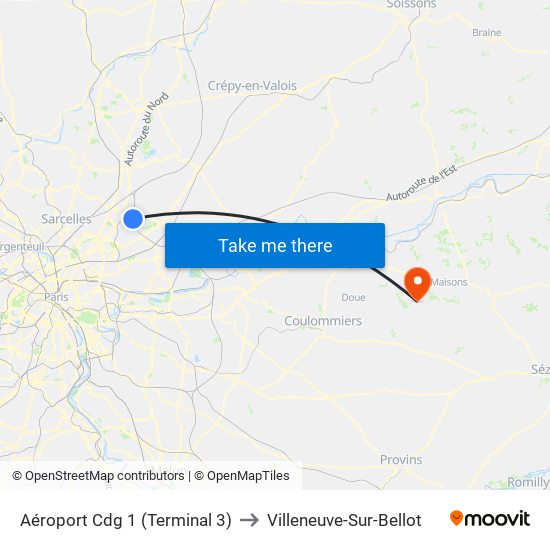 Aéroport Cdg 1 (Terminal 3) to Villeneuve-Sur-Bellot map