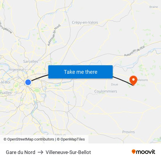 Gare du Nord to Villeneuve-Sur-Bellot map