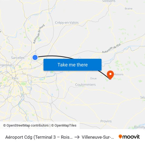 Aéroport Cdg (Terminal 3 – Roissypôle) to Villeneuve-Sur-Bellot map