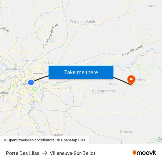 Porte Des Lilas to Villeneuve-Sur-Bellot map