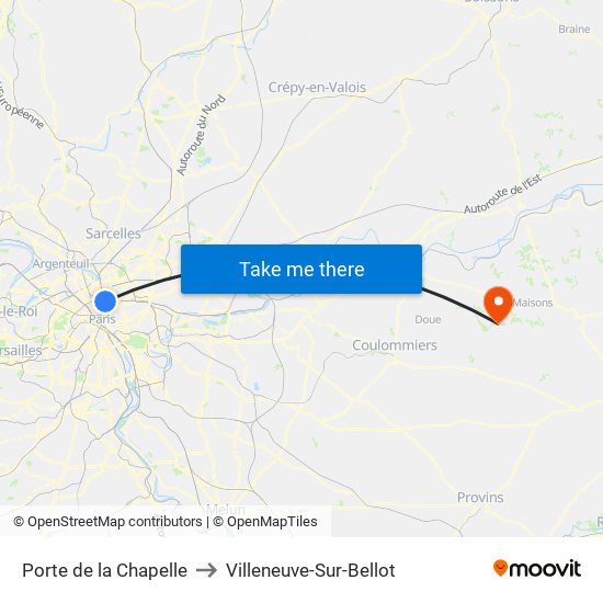 Porte de la Chapelle to Villeneuve-Sur-Bellot map