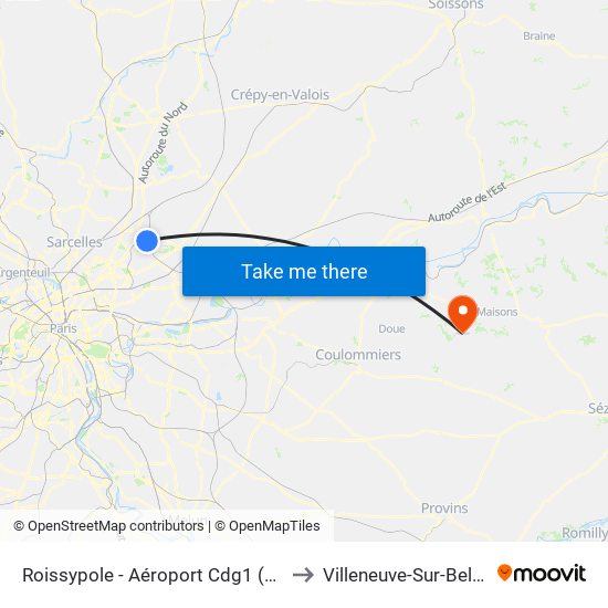 Roissypole - Aéroport Cdg1 (D1) to Villeneuve-Sur-Bellot map