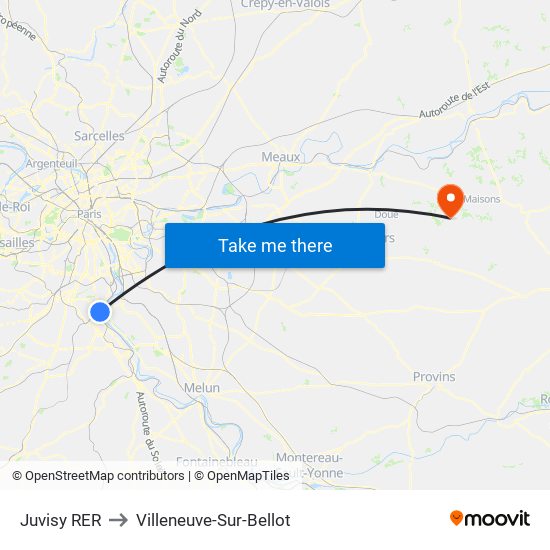 Juvisy RER to Villeneuve-Sur-Bellot map