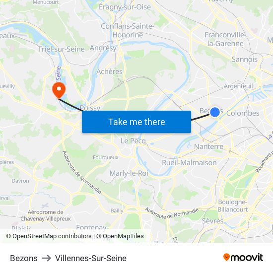 Bezons to Villennes-Sur-Seine map