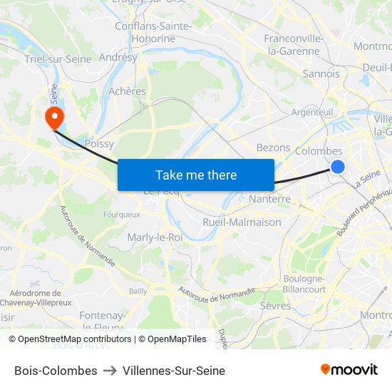 Bois-Colombes to Villennes-Sur-Seine map