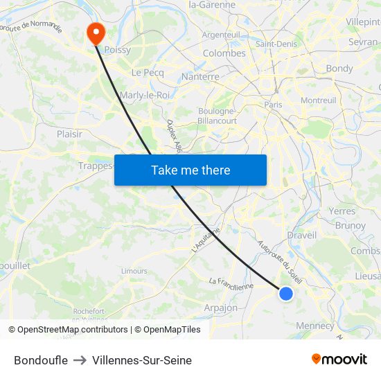 Bondoufle to Villennes-Sur-Seine map