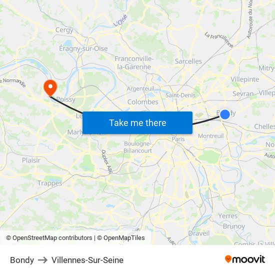 Bondy to Villennes-Sur-Seine map