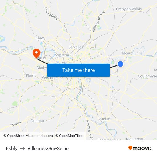 Esbly to Villennes-Sur-Seine map