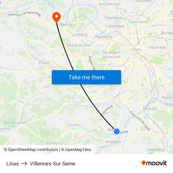 Linas to Villennes-Sur-Seine map