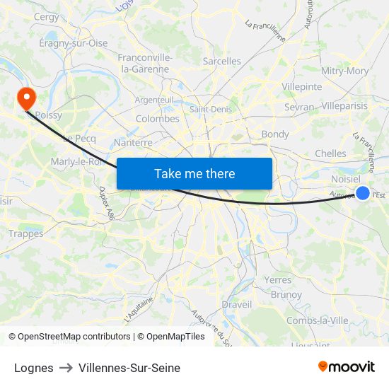 Lognes to Villennes-Sur-Seine map