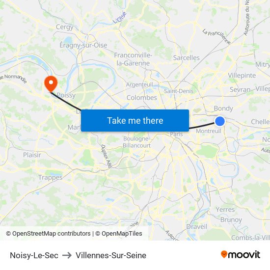 Noisy-Le-Sec to Villennes-Sur-Seine map