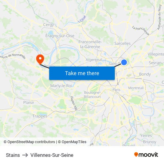 Stains to Villennes-Sur-Seine map