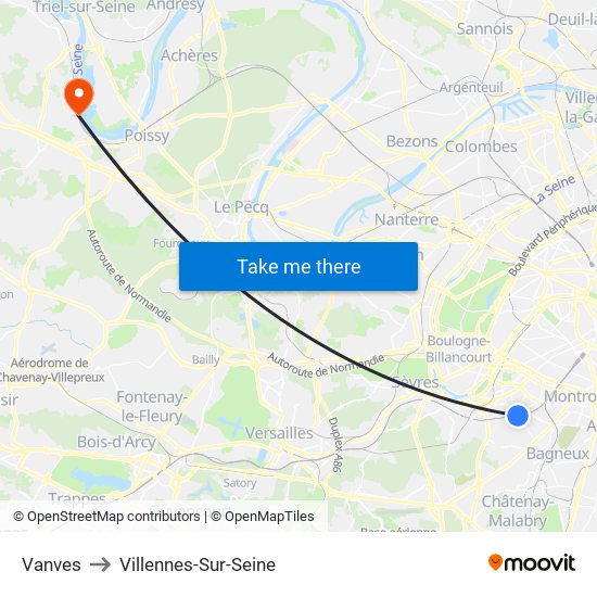 Vanves to Villennes-Sur-Seine map