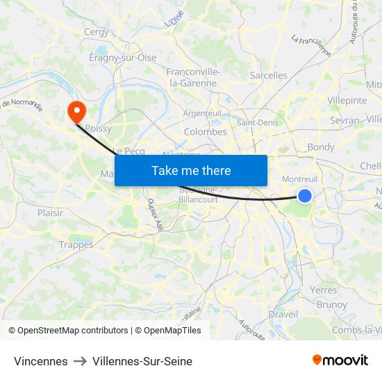 Vincennes to Villennes-Sur-Seine map