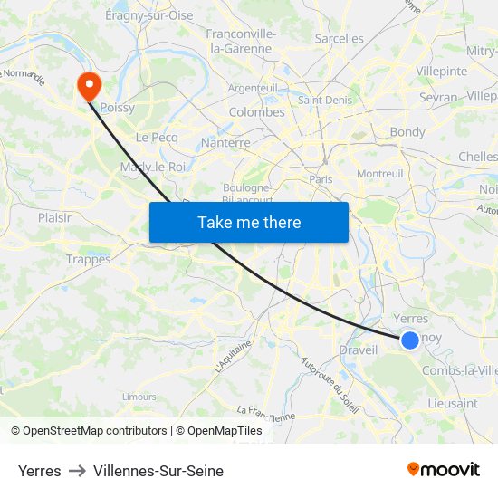 Yerres to Villennes-Sur-Seine map