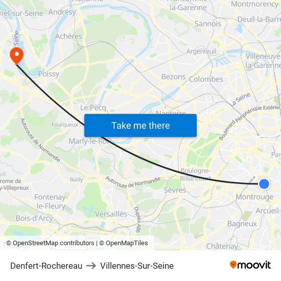 Denfert-Rochereau to Villennes-Sur-Seine map