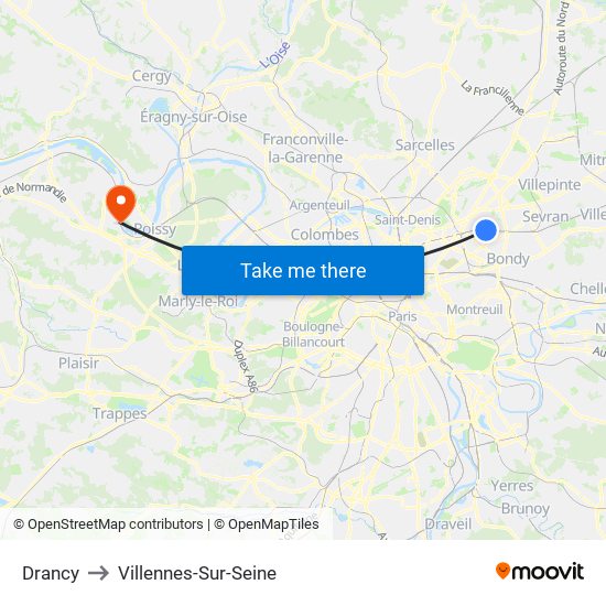 Drancy to Villennes-Sur-Seine map
