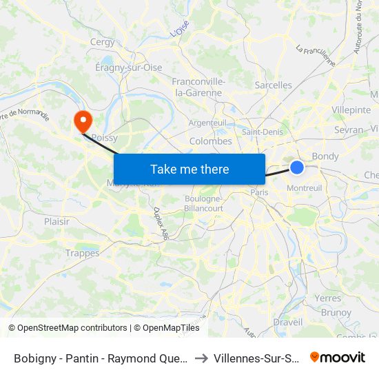 Bobigny - Pantin - Raymond Queneau to Villennes-Sur-Seine map
