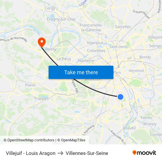 Villejuif - Louis Aragon to Villennes-Sur-Seine map