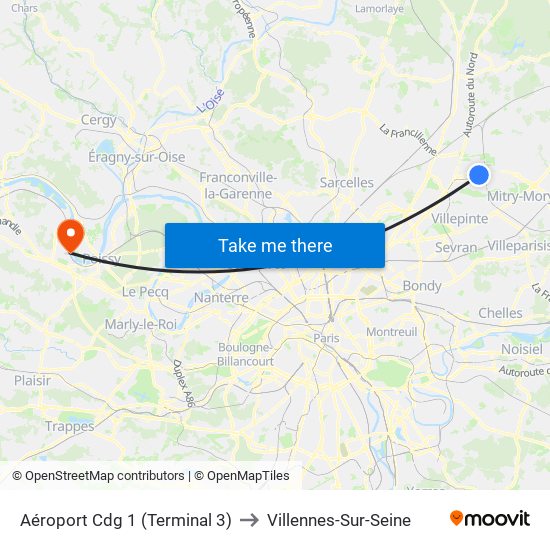 Aéroport Cdg 1 (Terminal 3) to Villennes-Sur-Seine map