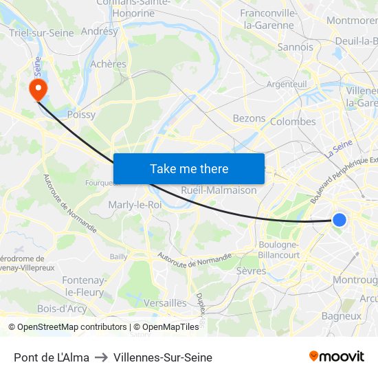 Pont de L'Alma to Villennes-Sur-Seine map