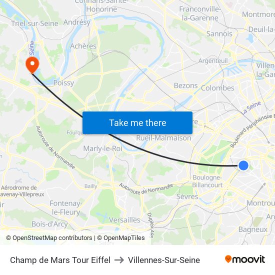 Champ de Mars Tour Eiffel to Villennes-Sur-Seine map