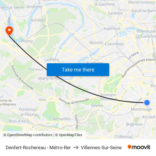 Denfert-Rochereau - Métro-Rer to Villennes-Sur-Seine map