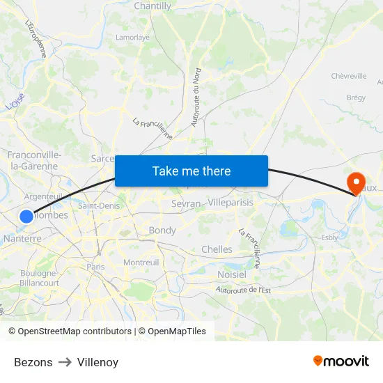 Bezons to Villenoy map
