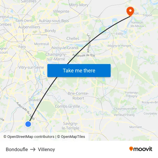 Bondoufle to Villenoy map