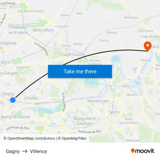 Gagny to Villenoy map