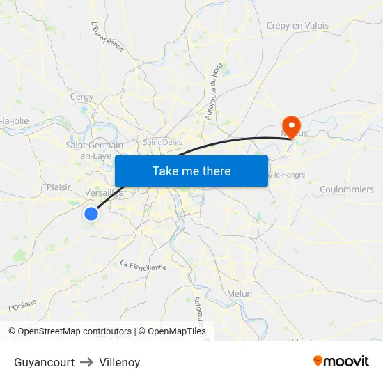Guyancourt to Villenoy map