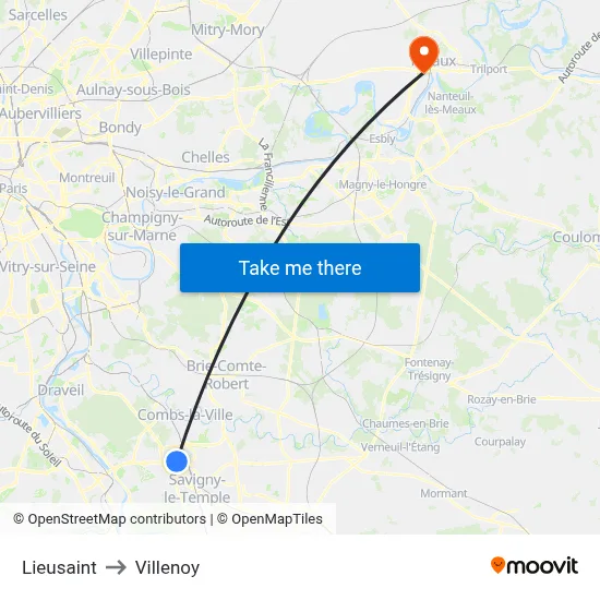 Lieusaint to Villenoy map
