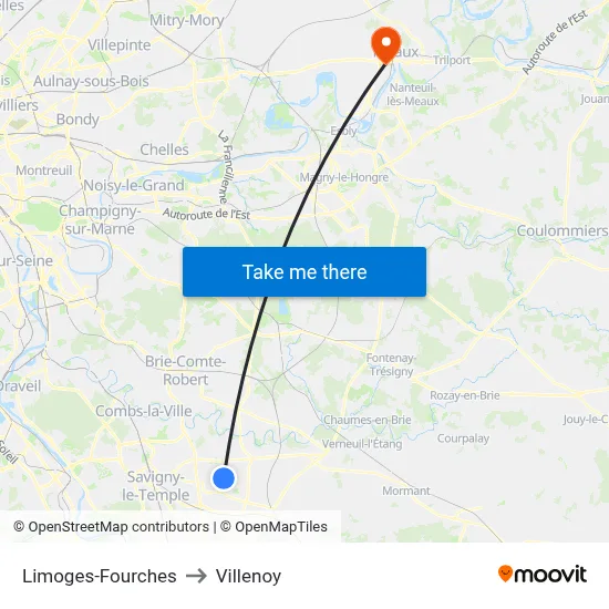 Limoges-Fourches to Villenoy map