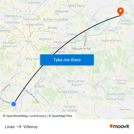 Linas to Villenoy map