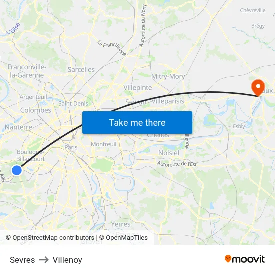 Sevres to Villenoy map