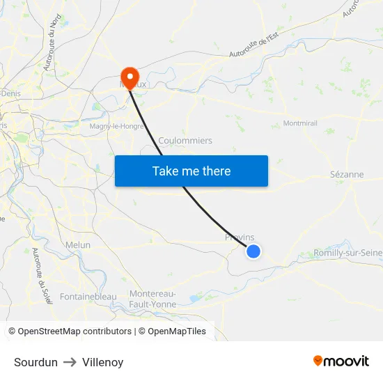 Sourdun to Villenoy map