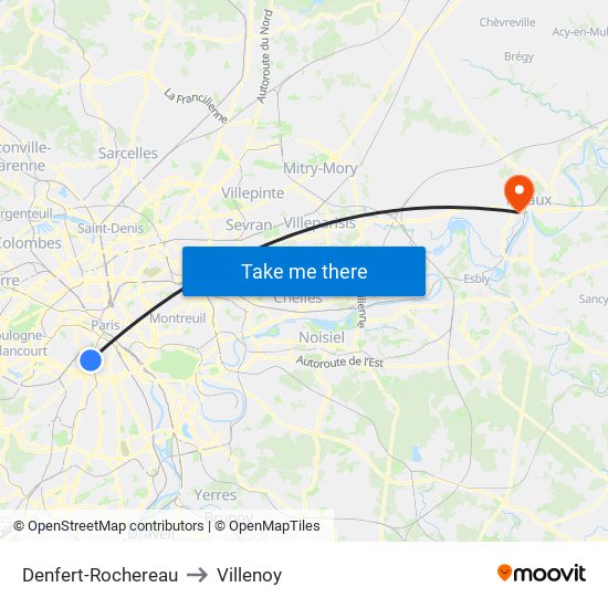 Denfert-Rochereau to Villenoy map