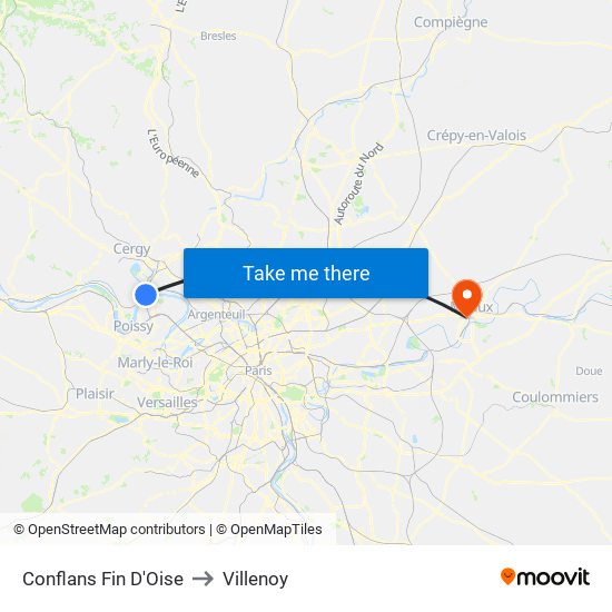 Conflans Fin D'Oise to Villenoy map