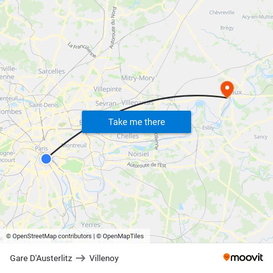 Gare D'Austerlitz to Villenoy map