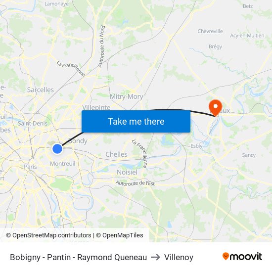 Bobigny - Pantin - Raymond Queneau to Villenoy map
