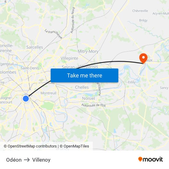 Odéon to Villenoy map