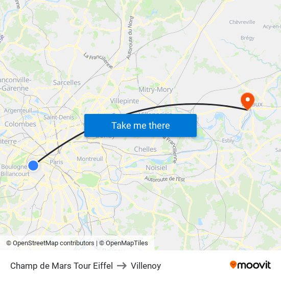 Champ de Mars Tour Eiffel to Villenoy map