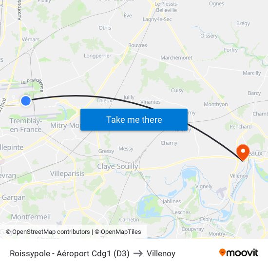 Roissypole - Aéroport Cdg1 (D3) to Villenoy map