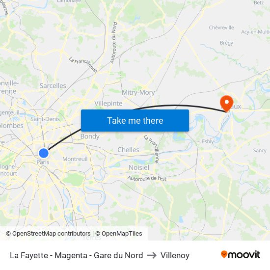 La Fayette - Magenta - Gare du Nord to Villenoy map