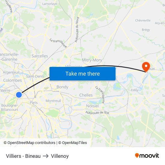 Villiers - Bineau to Villenoy map