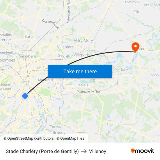 Stade Charléty (Porte de Gentilly) to Villenoy map
