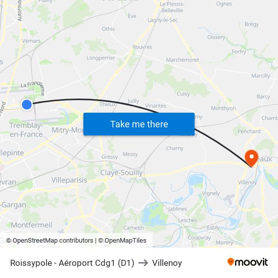 Roissypole - Aéroport Cdg1 (D1) to Villenoy map