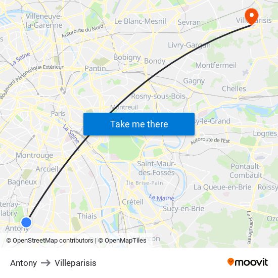 Antony to Villeparisis map